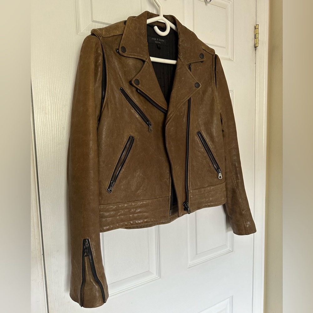 Rag & Bone Distressed Brown Lamb Leather Biker Jacket Turns into a Vest Size 2